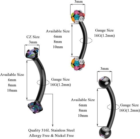 9 قطع الجراحية الصلب الحاجب الدائري للنساء الرجال الأسود منحني الحديد بار 16 جرام تشيكوسلوفاكيا الحاجب اللولب الزنمة الغضروف ثقب الدائري 6 ملليمتر 8 ملليمتر 10 ملليمتر in Kuwait