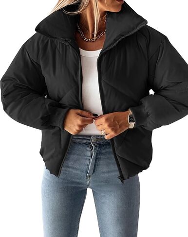 Gihuo Women's Winter Puffer Jacket Warm Cropped Zip Up Quilted Jackets Oversized Padded Coat Outerwear(Black-XL) in Saudi Arabia