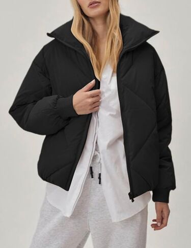 Gihuo Women's Winter Puffer Jacket Warm Cropped Zip Up Quilted Jackets Oversized Padded Coat Outerwear(Black-XL) in Saudi Arabia