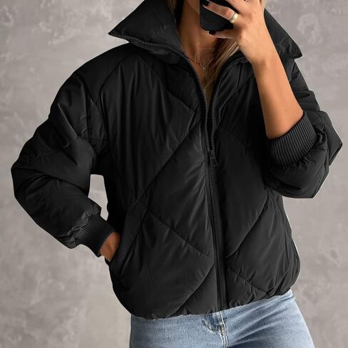 Gihuo Women's Winter Puffer Jacket Warm Cropped Zip Up Quilted Jackets Oversized Padded Coat Outerwear(Black-XL) in Saudi Arabia