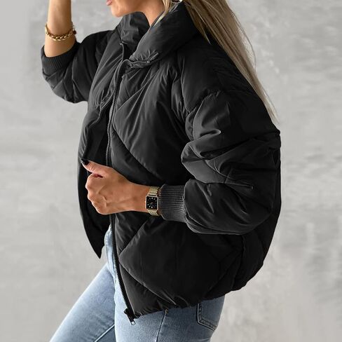 Gihuo Women's Winter Puffer Jacket Warm Cropped Zip Up Quilted Jackets Oversized Padded Coat Outerwear(Black-XL) in Saudi Arabia