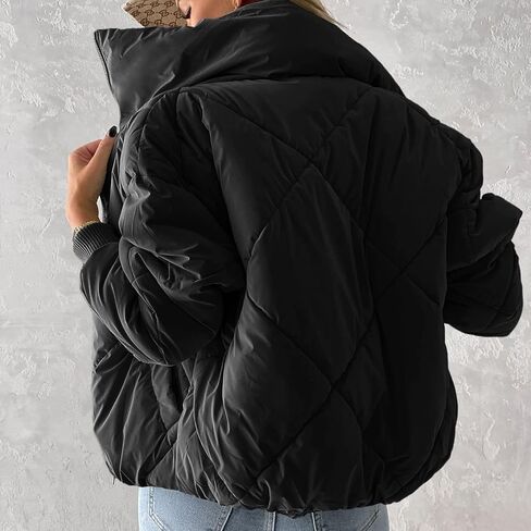 Gihuo Women's Winter Puffer Jacket Warm Cropped Zip Up Quilted Jackets Oversized Padded Coat Outerwear(Black-XL) in Saudi Arabia