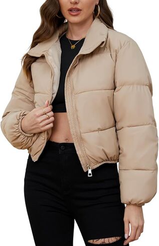 ايه ار اس اس ام جاكيت منتفخ قصير للنساء، معطف شتوي قصير منتفخ مبطن بسحاب كامل وياقة واقفة مع جيوب in Kuwait