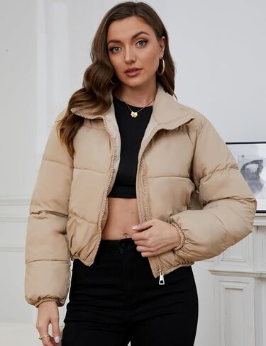 ايه ار اس اس ام جاكيت منتفخ قصير للنساء، معطف شتوي قصير منتفخ مبطن بسحاب كامل وياقة واقفة مع جيوب in Kuwait