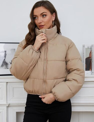 ايه ار اس اس ام جاكيت منتفخ قصير للنساء، معطف شتوي قصير منتفخ مبطن بسحاب كامل وياقة واقفة مع جيوب in Kuwait