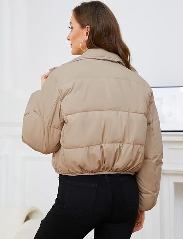 ايه ار اس اس ام جاكيت منتفخ قصير للنساء، معطف شتوي قصير منتفخ مبطن بسحاب كامل وياقة واقفة مع جيوب in Kuwait