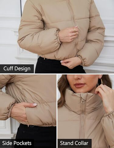 ايه ار اس اس ام جاكيت منتفخ قصير للنساء، معطف شتوي قصير منتفخ مبطن بسحاب كامل وياقة واقفة مع جيوب in Kuwait