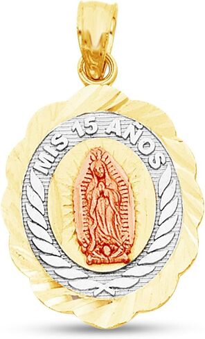 Sonia Jewels 14K Tri 3 Color Gold Diamond-Cut Sweet 15 Quincea_era Mis 15 Anos Our Lady of Guadalupe Virgin Mary Charm Pendant (20x16 mm) in Saudi Arabia