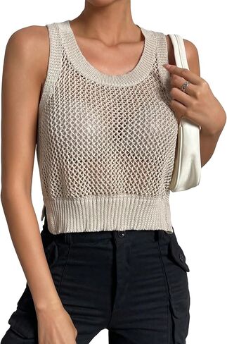 GORGLITTER Women's Crochet Sleeveless Sweater Vest Hollow Out Round Neck Knitted Tank in Saudi Arabia