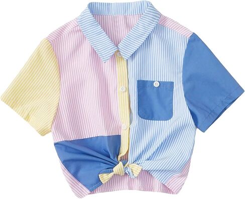 OYOANGLE Girl's Colorblock Striped Print Short Sleeve Collared Button Down Shirt Pocket Front Casual Blouse Tops in Saudi Arabia