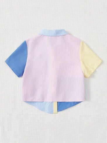 OYOANGLE Girl's Colorblock Striped Print Short Sleeve Collared Button Down Shirt Pocket Front Casual Blouse Tops in Saudi Arabia