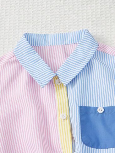 OYOANGLE Girl's Colorblock Striped Print Short Sleeve Collared Button Down Shirt Pocket Front Casual Blouse Tops in Saudi Arabia