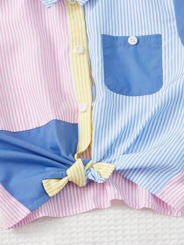 OYOANGLE Girl's Colorblock Striped Print Short Sleeve Collared Button Down Shirt Pocket Front Casual Blouse Tops in Saudi Arabia