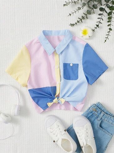 OYOANGLE Girl's Colorblock Striped Print Short Sleeve Collared Button Down Shirt Pocket Front Casual Blouse Tops in Saudi Arabia
