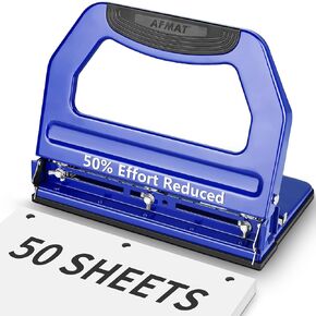 AFMAT Heavy Duty 3 Hole Punch, 50-Sheet 2 Hole Punch, 50% Reduced Effort 3-Hole Puncher, Adjustable Three Hole Punch 2 Hole Paper Punch, Metal Paper Puncher w/Large Chip Tray, Metal Paper Guide