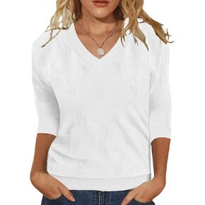 Womens Sweaters 3/4 Sleeve Tops V Neck Shirts Loose Casual Tunic Blouses in Kuwait