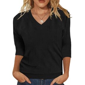 Womens Sweaters 3/4 Sleeve Tops V Neck Shirts Loose Casual Tunic Blouses