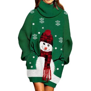 Pink Queen Women Turtleneck Loose Print Christmas Long Sweater Dresses with Pocket