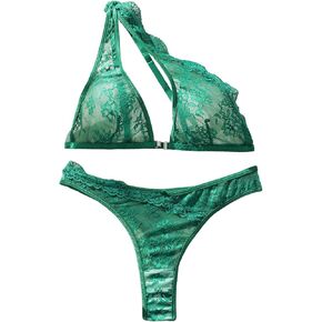 SweatyRocks Women's 2 Piece Lace Lingerie Set One Shoulder Cut Out Bra and Thong Underwear