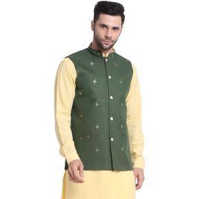Men Cotton Embroided Sequenced Nehru Jacket Only, Ethnic Traditional Wear