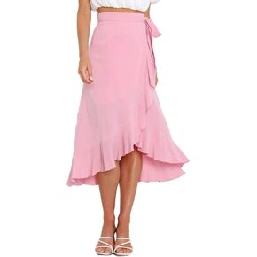 ThCreasa Womens Boho Floral Print High Waisted Wrap Skirts Ruffle Hem Tie Knot Summer Chiffon Flowy Midi Skirts