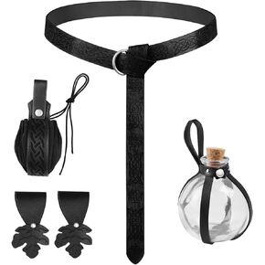 Renaissance Medieval Viking Belt with Potion Bottles, Faux Leather Belt Pouch, Skirt Hikes and Mug Holder