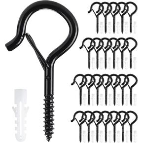 1.5-inch Screw Hooks for Hanging Outdoor String Lights, 26 PCS Q-Hanger Hooks with Safety Buckle, Screw-in Ceiling Hooks for Hanging Plants, Holiday Decor & Patio Lights, Black Cup Hooks, Eye Hooks
