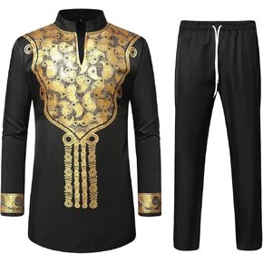 ZEROYAA Men's Africa Suit Long Sleeve Bronzing Print Shirt and Pants Outfit Traditional 2 Piece Set in Kuwait