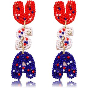 American Flag Earrings 4th of July Earrings for Women Beaded Heart Star Flag Dangle Drop Earrings Handmade Independence Day Patriotic Earrings Holiday Gifts