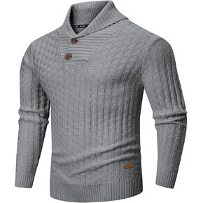 JMIERR Men's Shawl Collar Pullover Sweater Casual Slim Fit Button Textured Knit Sweaters
