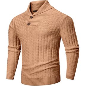 JMIERR Men's Shawl Collar Pullover Sweater Casual Slim Fit Button Textured Knit Sweaters