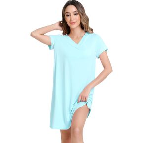 NACHILA Women's Nightgowns-Viscose made from Bamboo,Short Sleeve Sleepshirt V Neck Nightshirt Soft Sleepwear