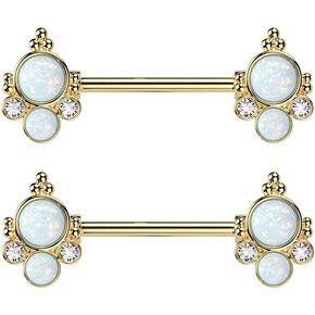 Pierced Owl 14GA 316L Stainless Steel Double Opalite with CZ Crystals Ends Nipple Barbells, Sold as a Pair