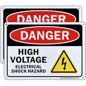 Danger High Voltage Sign, 2 Pack Electrical Shock Hazard Sign- 10x7 Inches Aluminum Warning Sign for Indoor or Outdoor Use- Reflective UV Protected and Weatherproof