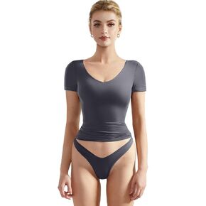 SUUKSESS Women Double Lined Fitted Basic Tee Sexy V Neck Short Sleeve Y2K Crop Top