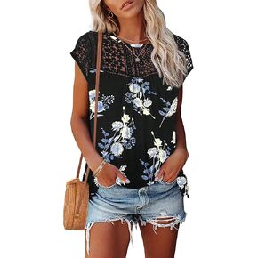 AUSELILY Women's Summer T Shirts Casual Crew Neck Short Cap Sleeve Lace Trim Ladies Tops 2024 New