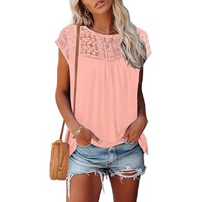 AUSELILY Women's Summer T Shirts Casual Crew Neck Short Cap Sleeve Lace Trim Ladies Tops 2024 New in Kuwait