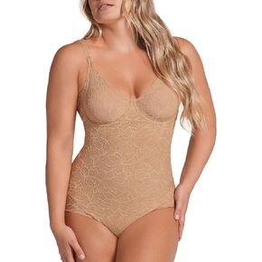 Leonisa Shaping Lace Bodysuit with Underwire Fabric Cups - Lace Contour Bodysuits for Women Tummy Control