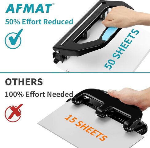 AFMAT للخدمة الشاقة ذات 3 فتحات، 50 ورقة 2 ثقب، 50% جهد مخفض 3 فتحات، ثقب قابل للتعديل بثلاثة فتحات، ثقبين للورق، ثقب ورق معدني مع صينية شرائح كبيرة، دليل ورق معدني in Saudi Arabia