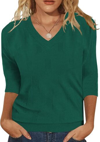 Womens Sweaters 3/4 Sleeve Tops V Neck Shirts Loose Casual Tunic Blouses in Saudi Arabia