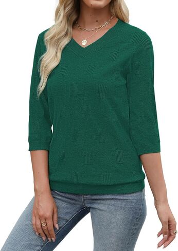 Womens Sweaters 3/4 Sleeve Tops V Neck Shirts Loose Casual Tunic Blouses in Saudi Arabia