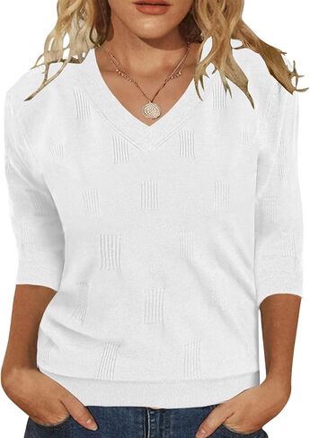 Womens Sweaters 3/4 Sleeve Tops V Neck Shirts Loose Casual Tunic Blouses in Kuwait