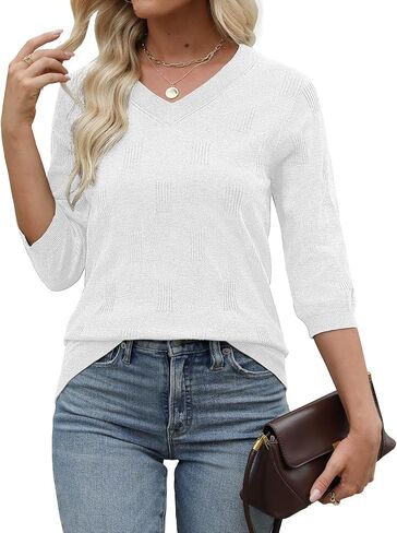 Womens Sweaters 3/4 Sleeve Tops V Neck Shirts Loose Casual Tunic Blouses in Kuwait