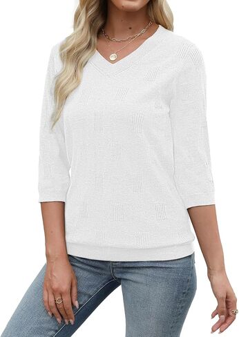 Womens Sweaters 3/4 Sleeve Tops V Neck Shirts Loose Casual Tunic Blouses in Kuwait