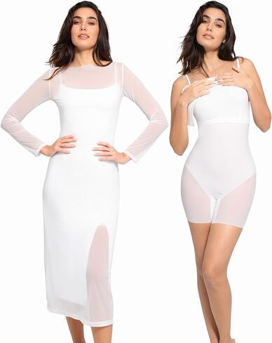 Popilush Shapewear Dress Two Piece Sheer Mesh Dress Midi Dress for Spring Slit Dress Worn Separately Or Together in Kuwait