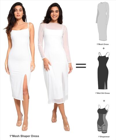 Popilush Shapewear Dress Two Piece Sheer Mesh Dress Midi Dress for Spring Slit Dress Worn Separately Or Together in Kuwait