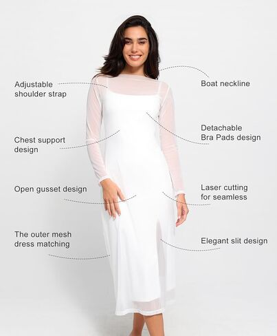Popilush Shapewear Dress Two Piece Sheer Mesh Dress Midi Dress for Spring Slit Dress Worn Separately Or Together in Kuwait