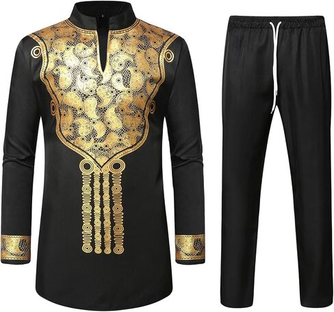 ZEROYAA Men's Africa Suit Long Sleeve Bronzing Print Shirt and Pants Outfit Traditional 2 Piece Set in Kuwait