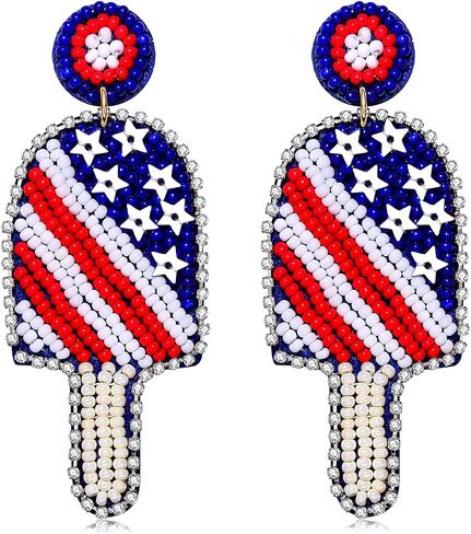 American Flag Earrings 4th of July Earrings for Women Beaded Heart Star Flag Dangle Drop Earrings Handmade Independence Day Patriotic Earrings Holiday Gifts in Kuwait