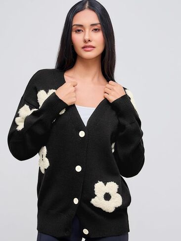 CIDER Cardigan Sweaters for Women V Neck Floral Women's Cardigans Knit Button Down 2024 Fall in Kuwait